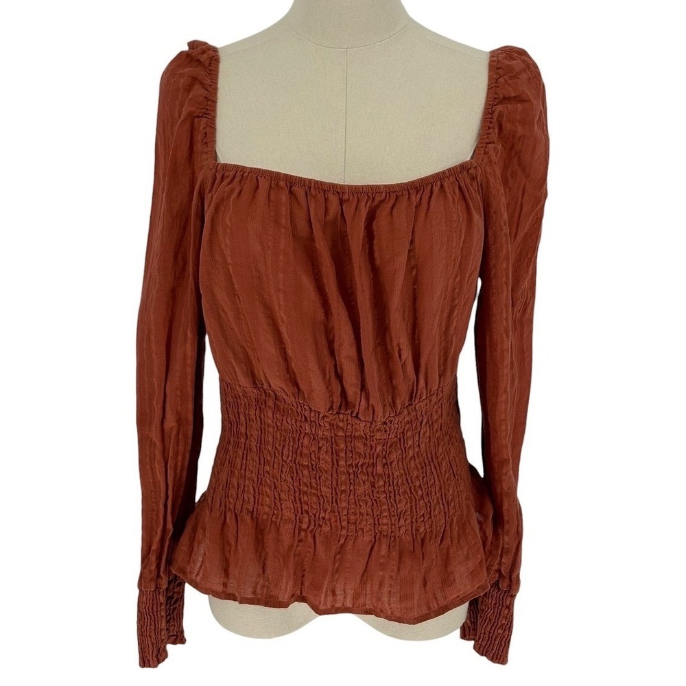 Urban Girl Smocked Peplum Blouse Rust Orange 100% Cotton Large